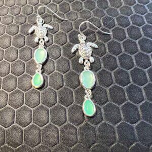 Turtle Earrings with Triple Aqua Sea Glass 18K White Gold Plated